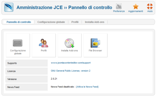 Il pannello di gestione di JCE