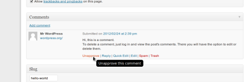 Figura 2. Gestione dei commenti in WordPress 3.4