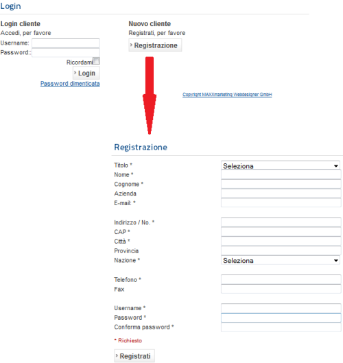 Pagina di login e di registrazione dei clienti
