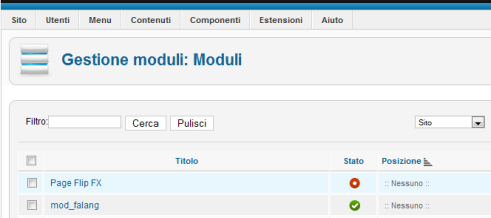 Gestione Moduli: attivate Page Flip FX in Joomla