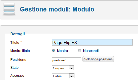 Posizionamento di Page Flip FX in Joomla