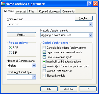 Creazione archivio WinRAR