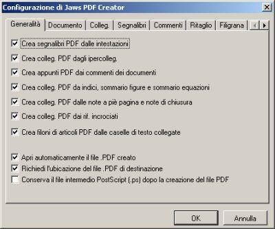 Finestra di configurazione integrata in Office di Jaws PDF creator