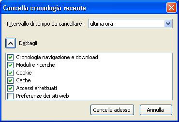 Pannello cronologia recente