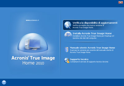Interfaccia iniziale Acronis True Image Home 2010
