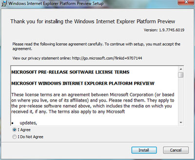 Installazione Platform Preview IE9