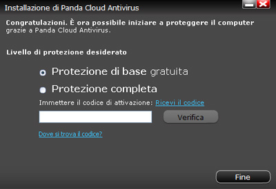 Pannello attivazione - Panda Cloud Antivirus Pro