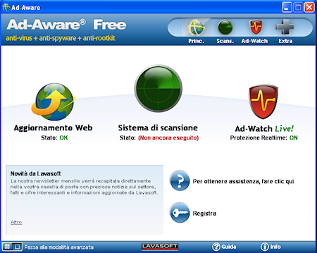 Ad-Aware Free Internet Security: Finestra principale in modalità semplice