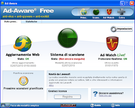 Ad-Aware Free Internet Security: Finestra principale in modalità avanzata