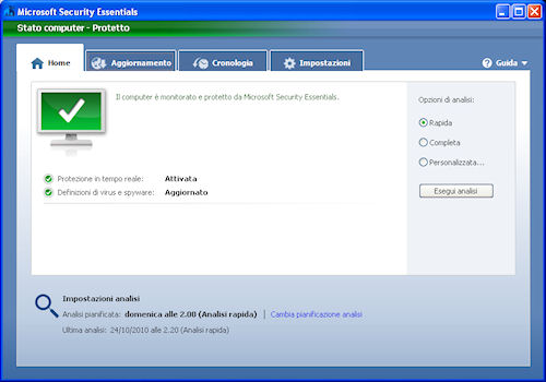 Interfaccia utente - Microsoft Security Essentials