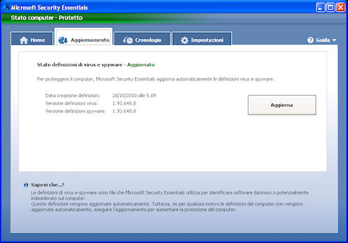 Scheda di gestione aggiornamenti - Microsoft Security Essentials