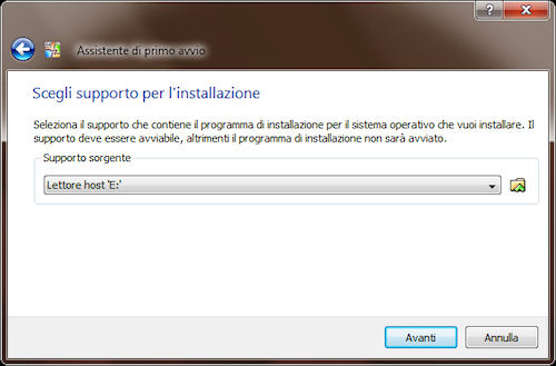 Selezione supporto di installazione sistema operativo