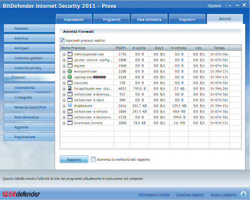 BitDefender Internet Security 2011: Esempio di attività di monitoraggio del firewall