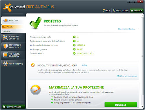 Avast! 6 Free Antivirus: Interfaccia utente