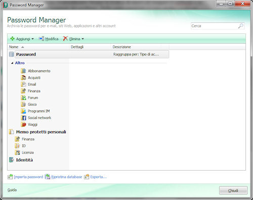 Kaspersky PURE: Pannello password manager