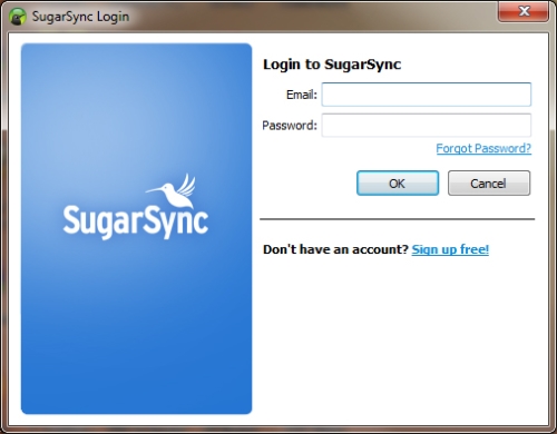 SugarSync: Finestra richiesta email e password account