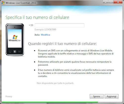 Windows Live Essentials 2011: Finestra per inserire un numero di cellulare
