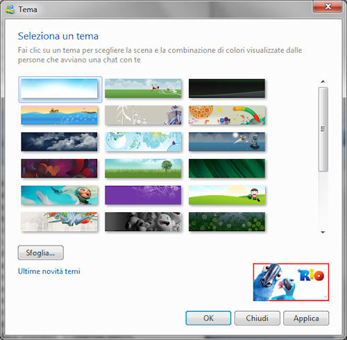 Windows Live Essentials 2011: Pannello selezione tema di personalizzazione