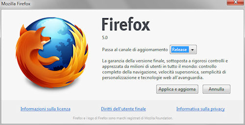 Firefox 5: pannello informazioni e cambio canale di aggiornamento