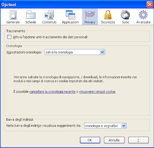 Firefox 5: Pannello impostazioni con opzione anti-tracciamento dati personali
