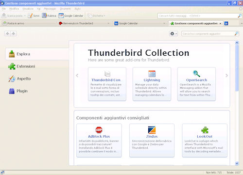 Thunderbird 5: Finestra gestione componenti aggiuntivi