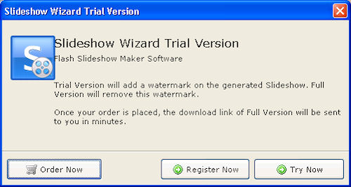 Flash Slideshow Wizard: Pannello di registrazione o selezione versione di prova