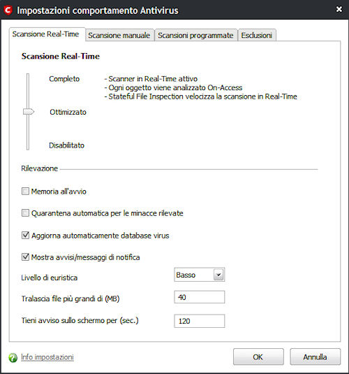 Comodo Antivirus: Pannello configurazione impostazioni