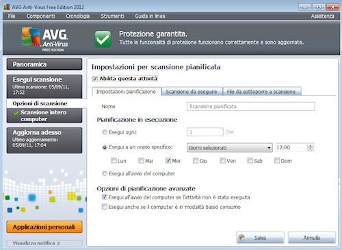 AVG Anti-Virus Free Edition 2012: Esempio di impostazione della scansione pianificata