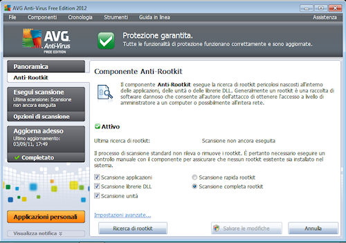 AVG Anti-Virus Free Edition 2012: Sezione relativa al componente Anti-Rootkit
