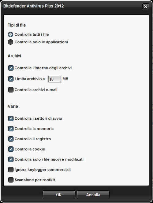 BitDefender Antivirus Plus 2012: Impostazione parametri scansione personalizzata