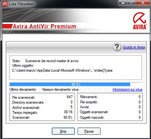 Avira AntiVir Premium: Esempio di attività di scansione iniziale