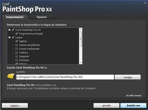 PaintShop Pro X4: Finestra installazione