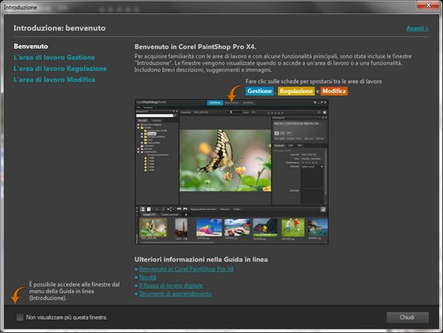 PaintShop Pro X4: Finestra di introduzione all'applicativo