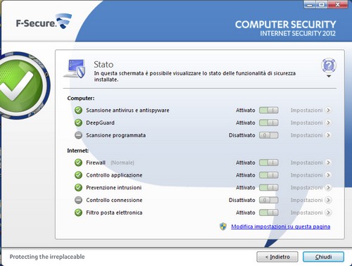 F-Secure Internet Security 2012: Schermata stato funzionalità di sicurezza installate