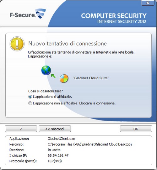 F-Secure Internet Security 2012: Esempio di finestra di dialogo di un tentativo di connessione