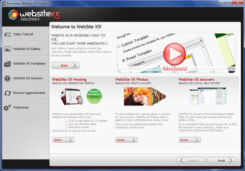 Website X5 versione 9: Interfaccia utente iniziale