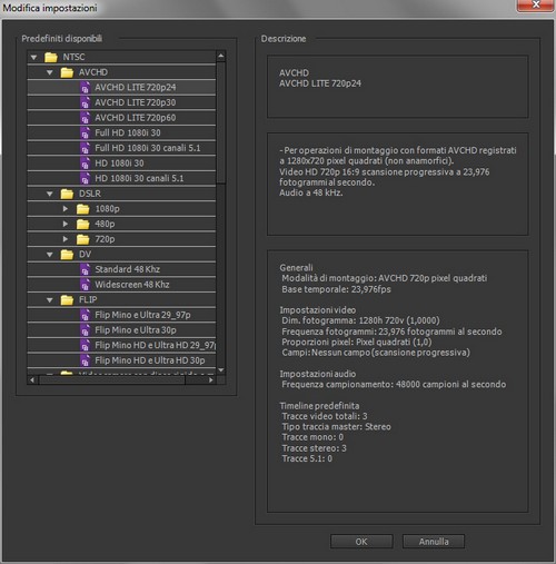 Adobe Premiere Elements 10: Pannello di controllo impostazioni progetto video