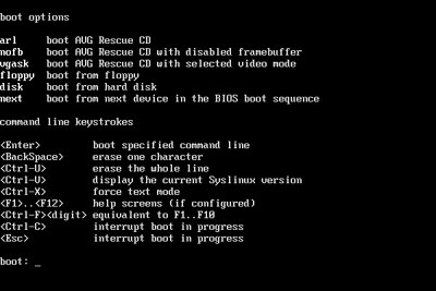 Opzioni di boot AVG Rescue CD