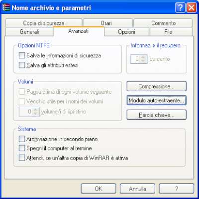 Definizione dei parametri avanzati di Winrar