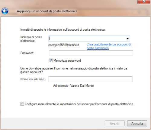 Inserimento parametri account Gmail in Windows Live Mail