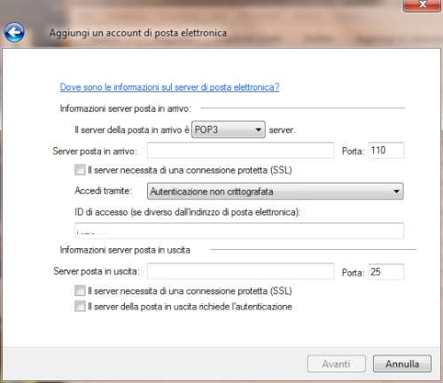 Inserimento parametri server Gmail in Windows Live Mail