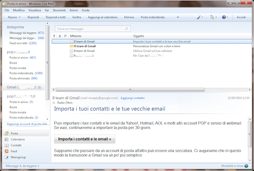 Interfaccia utente Windows Live Mail