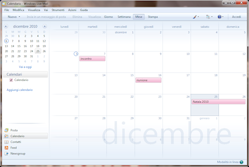 Finestra calendario in visualizzazione mese