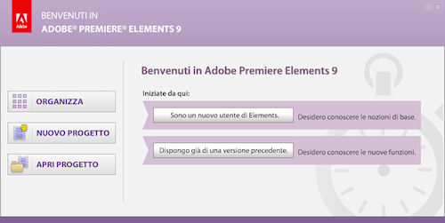 Adobe Premiere Elements 9: Finestra di benvenuto