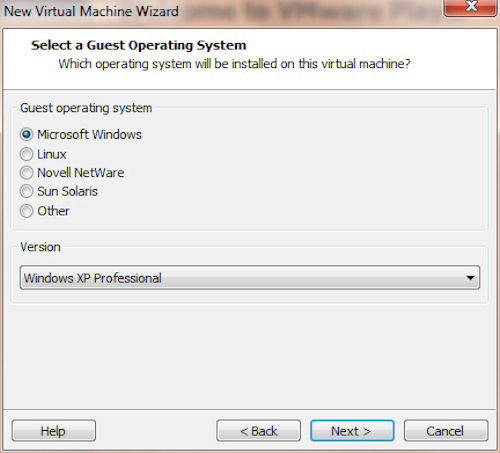 VMware Player: Selezione tipo e versione sistema operativo