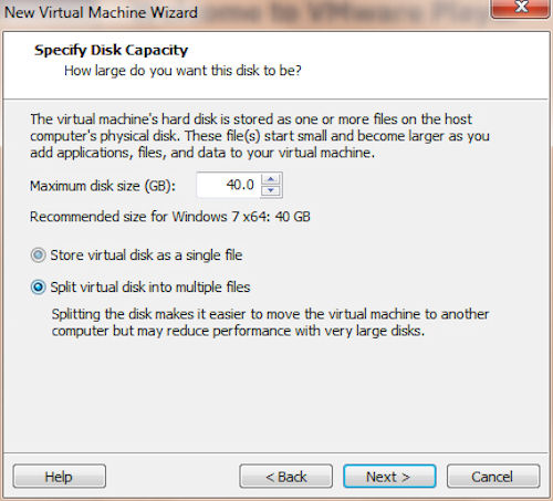 VMware Player: Definizione capacità disco fisso