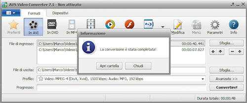 AVS Video Converter: Esempio di conversione portata a termine