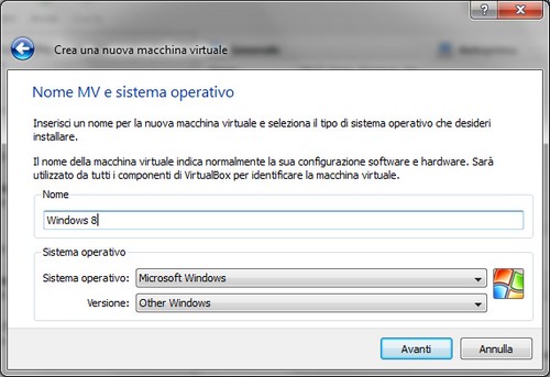 VirtualBox: scelta nome macchina virtuale e sistema operativo