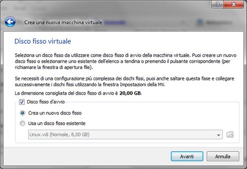 VirtualBox: Selezione capacità disco fisso virtuale