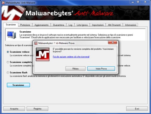 Malwarebytes Anti-Malware: Finestra iniziale